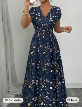 Navy Floral V-Neck Maxi Dress